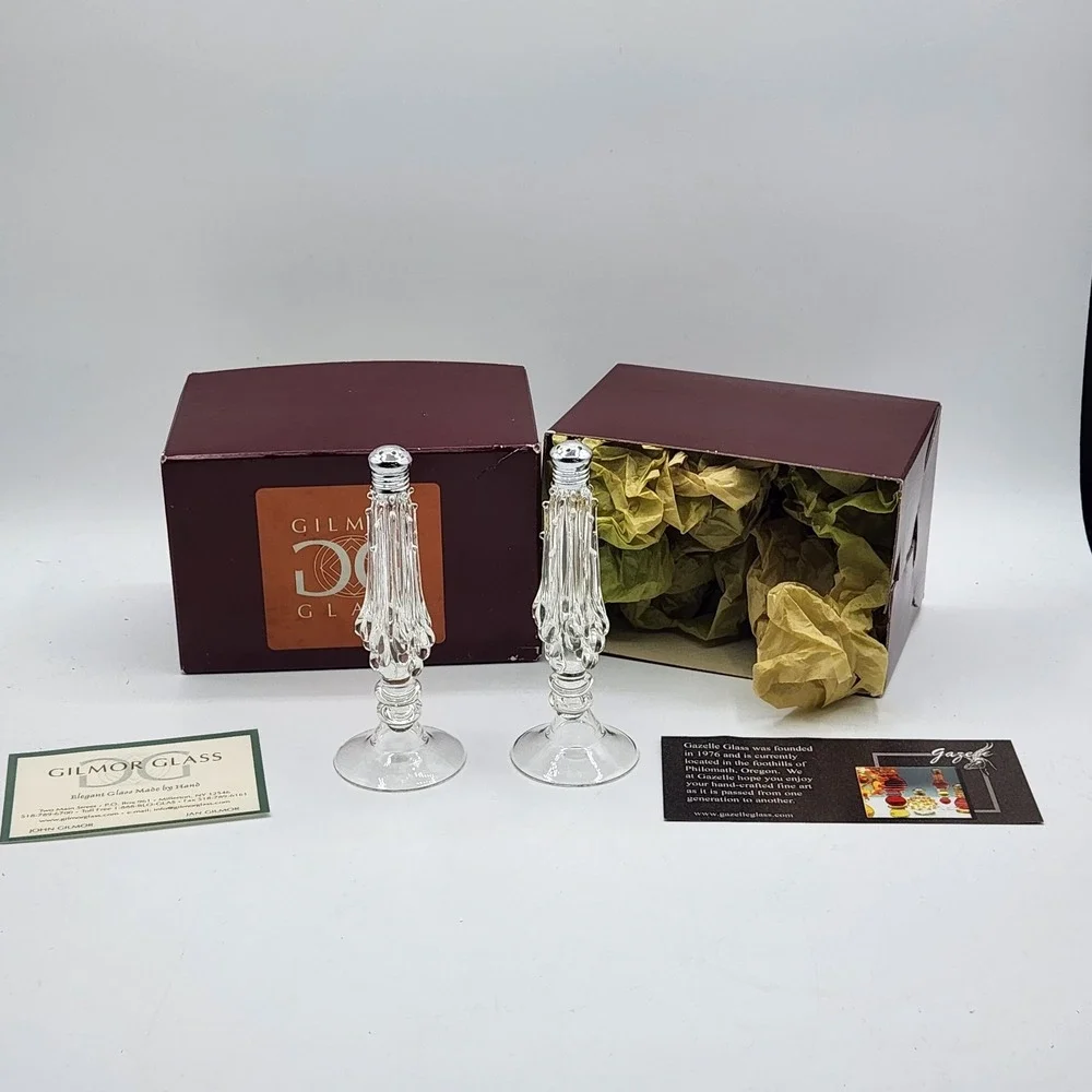 Gilmor Glass Hand Blown Crystal Salt & Pepper Shakers w/ Boxes VTG Elegant